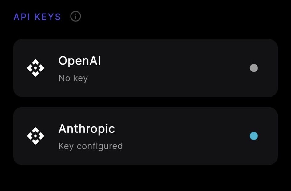 Android API settings showing OpenAI and Anthropic key configuration status, without key values.